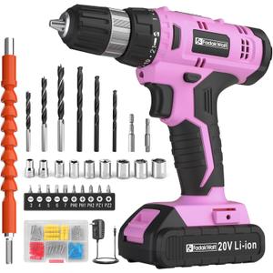 FADAKWALT Cordless Drill Set, 20V Electric Power Drill With Battery And Charger, 30N Torque, 21+1 Settings, 3/8-Inch Keyless Chuck, Driver Bits Kit, LED Light (Pink)