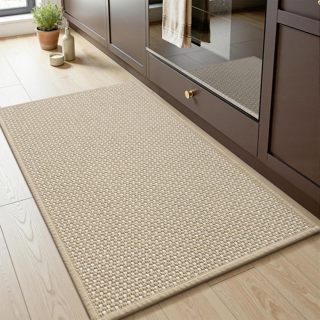 MontVoo Kitchen Rugs Mat Non Slip Washable,Absorbent Kitchen Floor Mat,Rubber Backing Braided Kitchen Mat,Easy to Clean and Maintain Kitchen Mats for Floor(Beige,17"x28")