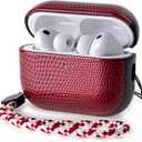 Leather Case for AirPods Pro 3 (3rd Gen 2025), Adjustable Lanyard, Vegan Lizard Texture Leather, Hard Shell, Scratch/Shock Proof, Wireless Charging, for Fashion & Luxury Lovers, Red
