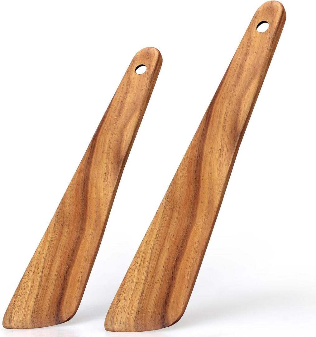 2 Pcs Teak Wooden Spatula Set Flat Spurtles Kitchen Tools Turner Small Wood Scraper Spatulas for Cooking Spoon Non Toxic Bamboo Kitchen Utensils Sourdough Stirrer Spurtle Egg Flipper Cast Iron Spatula (11.8" & 10" Set)