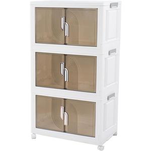 Foldable Storage Bins with Lids Stackable Storage Bins with Doors and Wheels Magnetic Dual-Opening Doors Storage Containers for Bedroom, Living Room, Closet, Laundry (White-3Pack)