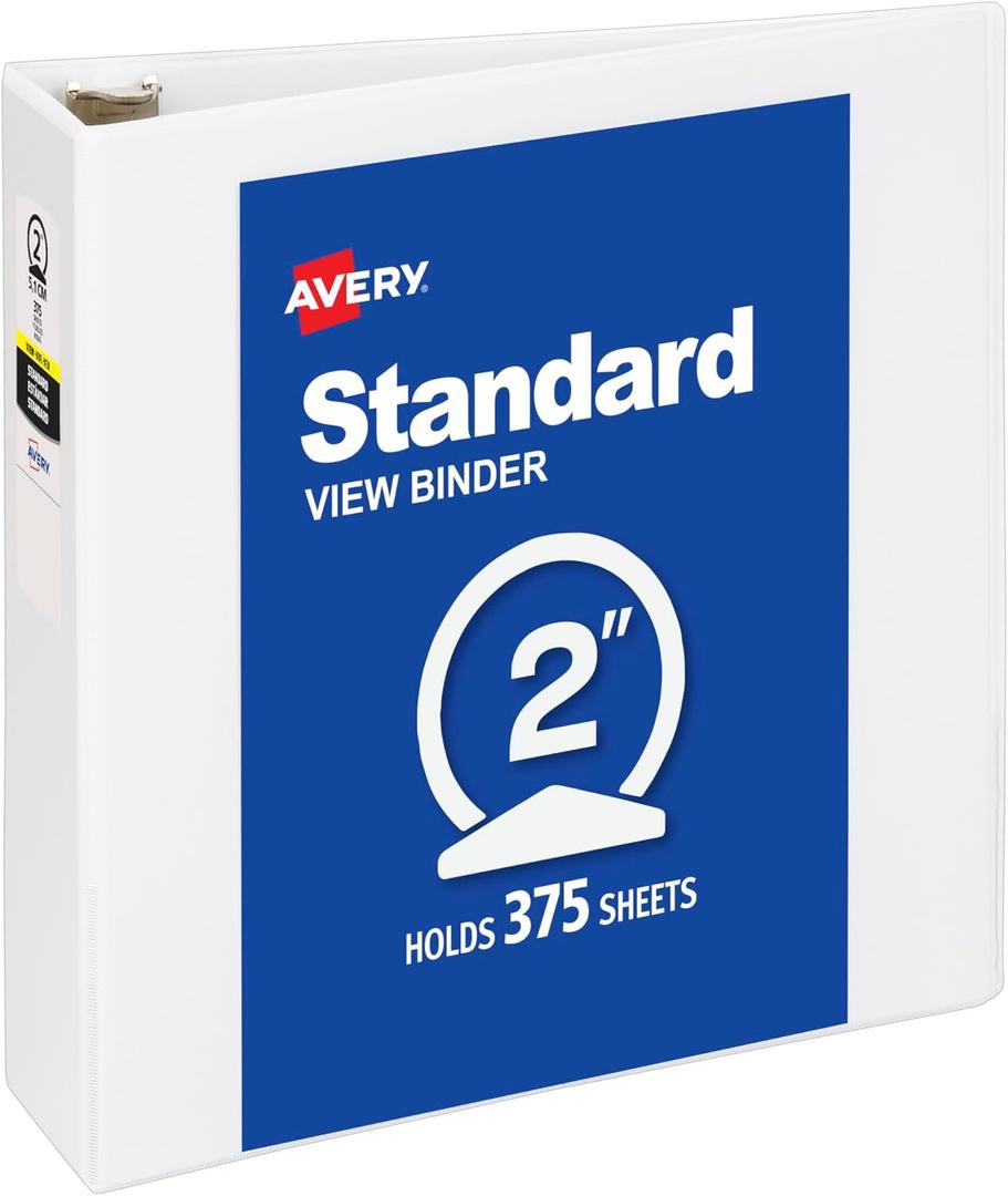 Avery Standard View 3 Ring Binder, 2" Round Rings, 375-Sheet Capacity, 2.8 Inch Wide Spine, 1 White Binder, Ideal for Lightweight Organization and Occasional Referencing (05731)