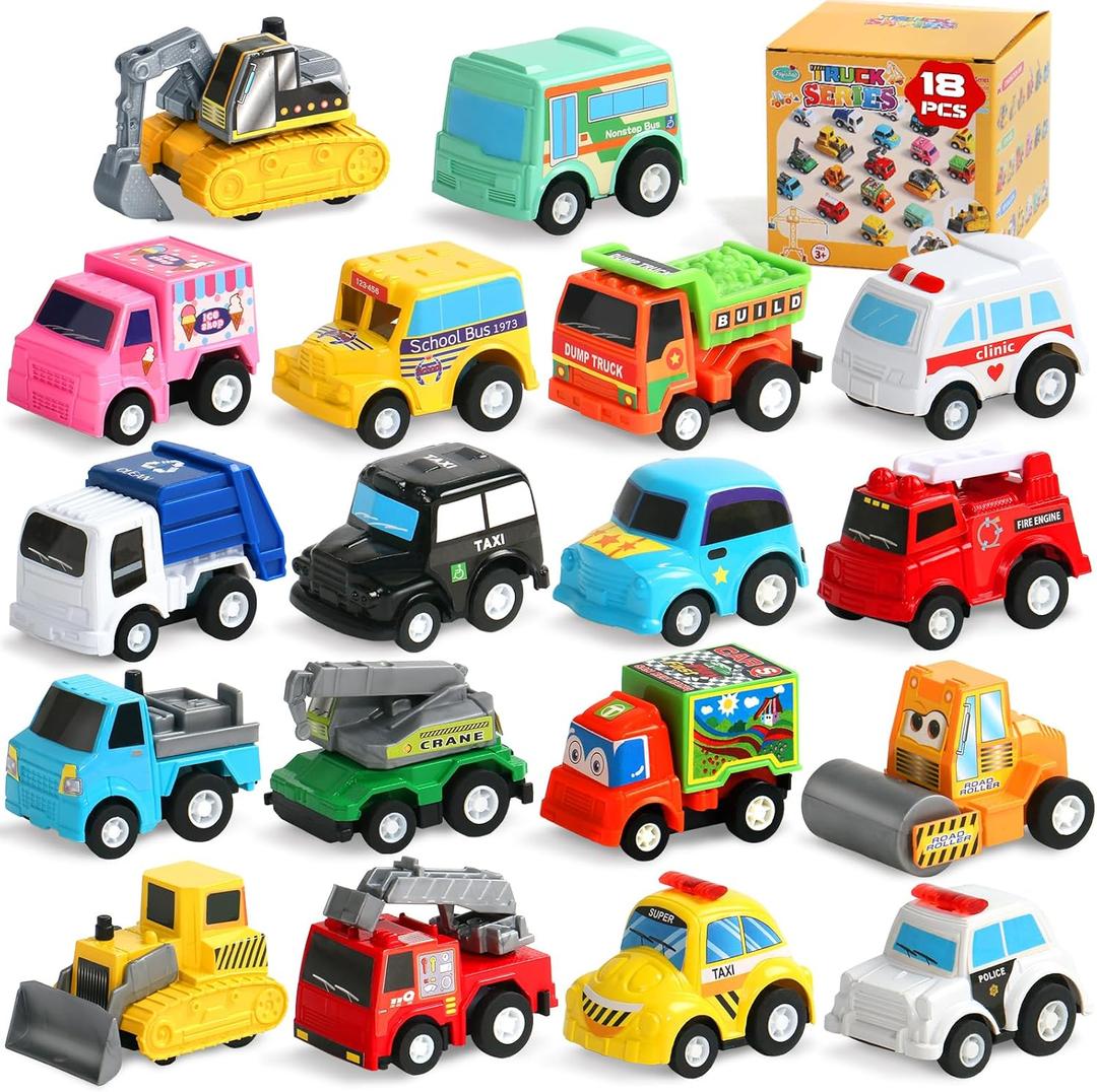Fajiabao 18 PCS Toy Cars for Toddlers Mini Pull Back Cars Trucks Pinata Stuffers for Kids Party Favors for Kids 3-5 Classroom Prizes Basket Bulk & Goodie Bag & Treasure Box for 2 3 4 5 6 Boys Girls
