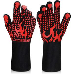 Comsmart BBQ Gloves, 1472 Degree F Heat Resistant Grilling Gloves Silicone Non-Slip Oven Gloves Long Kitchen Gloves for Barbecue, Cooking, Baking, Cutting (Red)