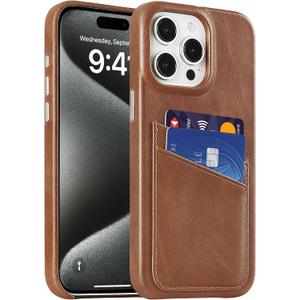 LUCKYCOIN Genuine Leather Wallet Phone Case for iPhone 15 Pro Max, Phone Purse with 2 Credit Card Holder, Compatible with iPhone 15 Pro Max, Metal Button Bumper Protective Shockproof Cover Dark Brown