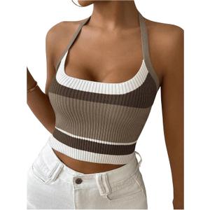 SweatyRocks Women's Striped Halter Tops Sleeveless Slim Fit Knit Cropped Tank Tops Brown, Large
