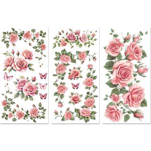 Peacoblue Rub on Transfer Sticker for Furniture Crafts Decor 6"x12" Pink Rose Vine, 3Pcs Waterproof UV DTF Transfer Sticker for Lingerie Chests Drawer Dresser Glass Porcelain Wood Plastic