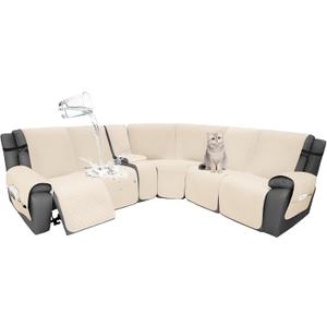 Velvet 1OO% Waterproof Reclining Sectional Couch Covers for Sectional Sofa L Shape 8-Piece Quilted Corner Recliner Sofa Cover Slipcovers Set Washable (5 Seater with 1 Console, Beige)