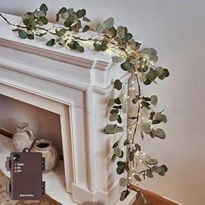 LITBLOOM Lighted Eucalyptus Garland Battery Operated with Timer 6FT 96 LED Artificial Greenery Twig Vine Lights for Room Stairs Mantle Wedding Holiday Decoration Indoor Outdoor