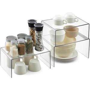 3 Pcs 3 Sizes Clear Cabinet Organizer Acrylic Kitchen Counter Shelves Organizer and Storage Countertop Acrylic Risers Display Shelf for Dishes, Spices, Soda Cans Bottles and Collectibles