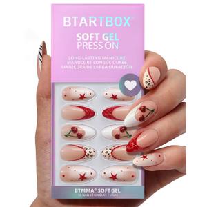 BTArtbox Press On Nails Almond - 3D Cherry Medium Red French Tip Press On Nails with Glue for Women, Opaque Soft Gel Glue On Nails in 15 Sizes - 30 Stick On Nails Kit, Pinky Swear