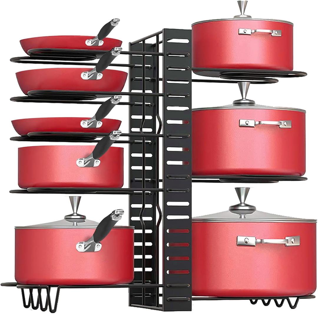 Podxco Pot and Pan Organizer for Under Cabinet, 8 Tiers Adjustable Pan Organizers Inside Cabinet with 3 DIY Methods, Upgrade of Pan Organizer Balance Ability, Kitchen Pan Rack Organizer for Cabinet (16.5"H)