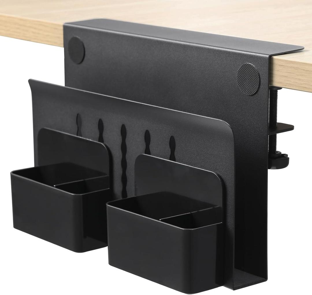 MAXECHO Desk Side Storage, Under Desk Laptop Mount, Table Side Hanging File Organizer, No Drill Clamp On Cable Management Tray, Laptop Holder with Magnetic Pen Holder for Office and Home, Load 22 Lbs (Black)