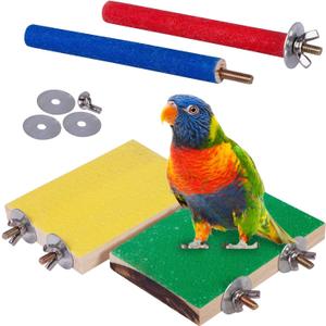 4 PCS Bird Perch Stand Toy, Wood Parrot Perch Stand Platform Paw Grinding Stick, Cage Accessories Exercise Toys Budgies Parakeet Cockatiel Conure Hamster Gerbil Rat Mouse (Green & Yellow)