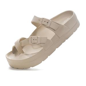 SCQTL Women's Platform Sandals with Arch Support, Comfort Slides Adjustable Slip On Flat Sandals for Summer Ultra Cushion & Thick Soles Beige Size 10-10.5