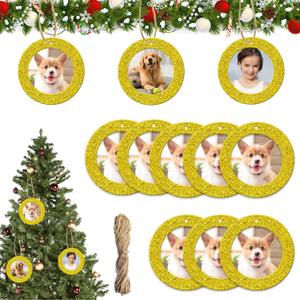 2 x MixTeach 12 Pieces Christmas Photo Frame Ornaments Round Glitter Holiday Picture Frame Gifts and Tree Decoration for Christmas Party Favor (Gold)
