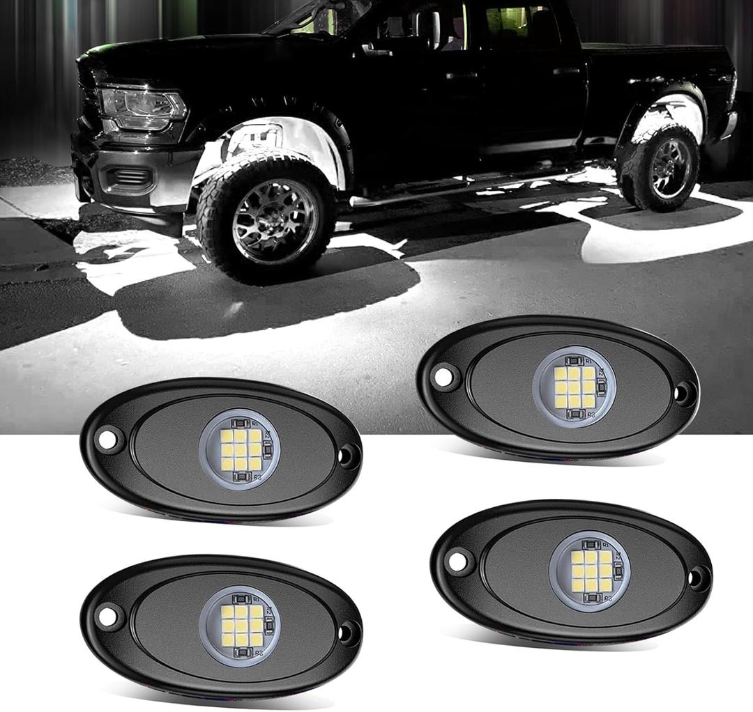 FSZZHYG 4 Pods White LED Rock Lights, Neon Underglow Wheel Fender Well Underbody Lighting Kits, Waterproof Aluminum Exterior Interior Lights for Trucks ATV UTV Car SUV Boat Off-Road, 12V 9 LEDs