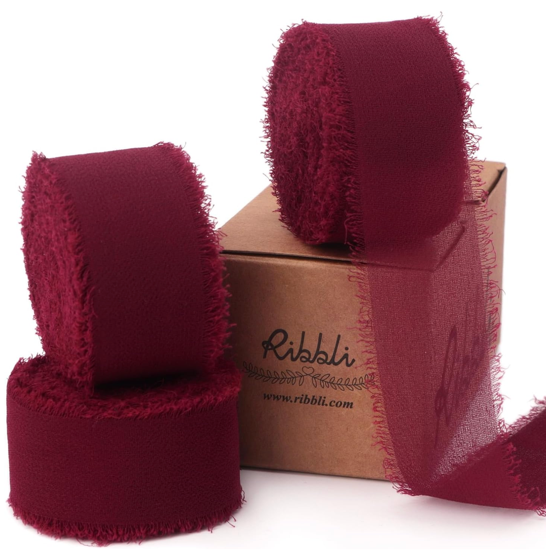 Ribbli Burgundy Ribbon 1 Inch x 3 Rolls Total 24 Yards Handmade Fringe Chiffon Silk Ribbon for Wrapping Wedding Invitations Bridal Bouquets DIY Crafts Home Decor