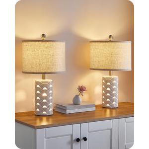 22" Ceramic Table Lamps Set of 2, Modern Coastal Bedside Lamps, Farmhouse Desk Lamps Beige and White, with Main & Night Light, Bulbs Included, for Bedroom, Living Room, End Table H12TL05