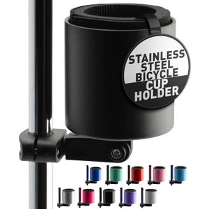 Kroozie Deluxe Bike Bottle Holder – Universal, Stainless Steel Bike Cup Holder for Handlebars – For Vertical or Angled Bars & Drinks up to 48 Oz. – Stroller, Cruiser, & Ebike Accessories, Black