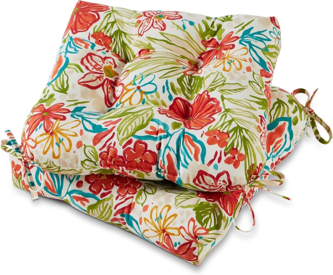 20x20 Square Tufted Outdoor Seat Cushion, Reversible Patio Chair Cushion with Ties, Durable Polyester Fabric, Eco-Friendly Recycled Fill, Weather-Resistant Breeze Floral, Set of 2