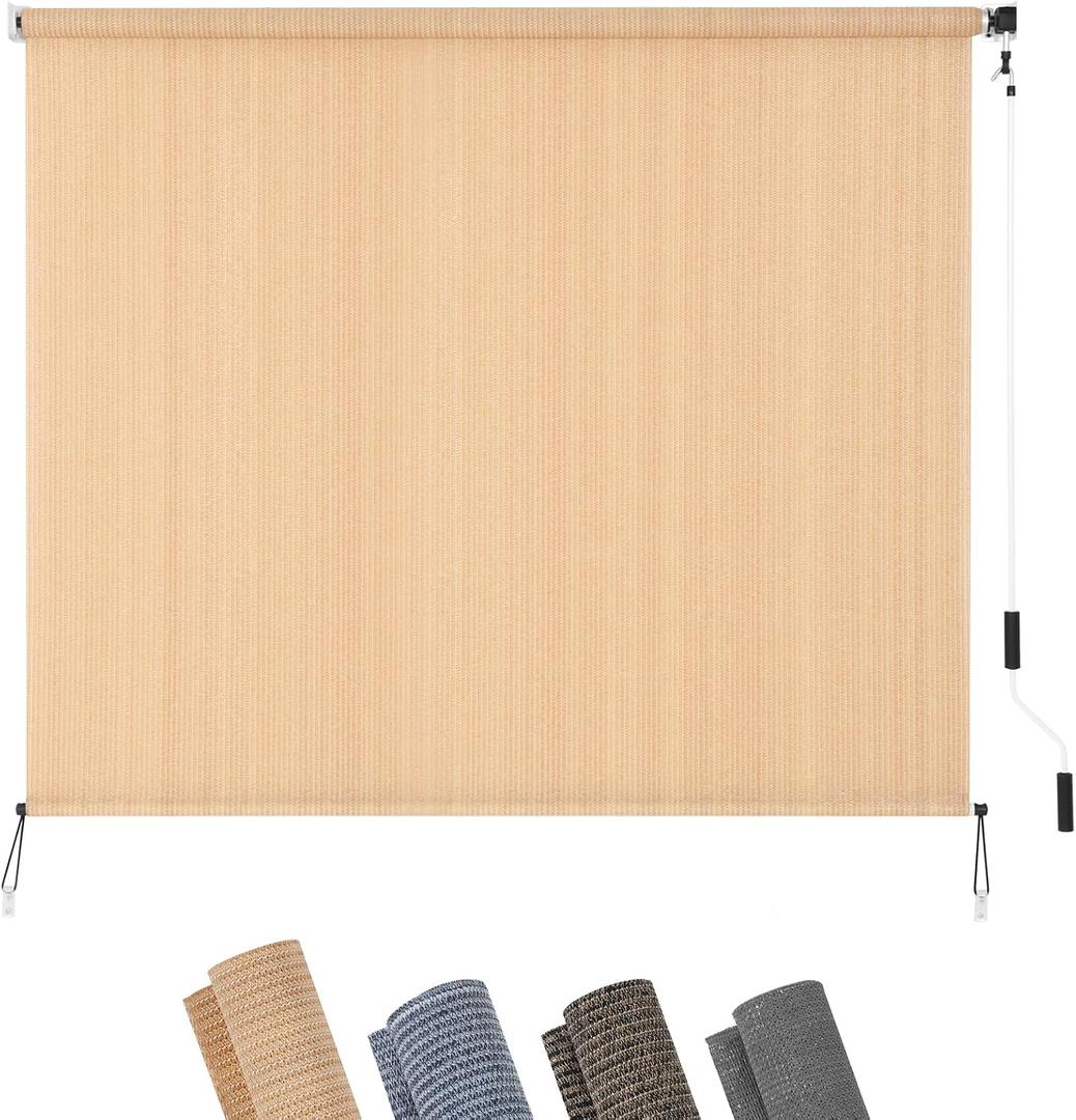 KELIXU Patio Shades Roll Up Outdoor Blind, 10' W x 8' H Cordless Sun Shade Privacy Screen with 90% UV Protection Exterior Roller Shade Cloth for Porch Pergola Backyard Windows Balcony, Walnut