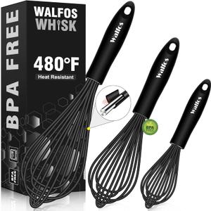 Walfos Silicone Whisk,Stainless Steel Wire Whisk Set of 3 -Heat Resistant 480F Kitchen Whisks for Non-stick Cookware,Balloon Egg Beater Perfect for Blending,Whisking,Beating,Frothing & Stirring,Black (7+9+11 in Black)