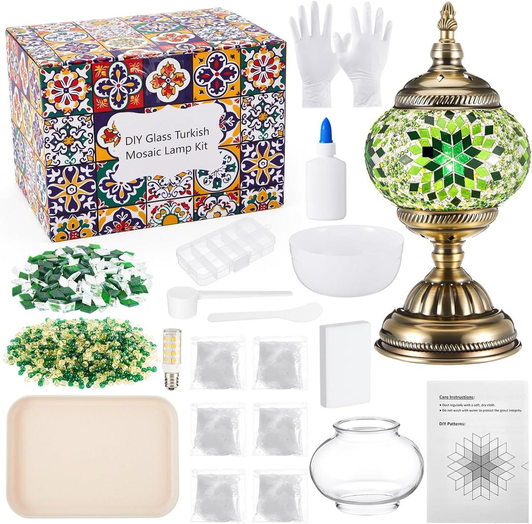 Baquler Turkish Mosaic Lamp Kit DIY Stained Glass Decorative Table Bedside Night Light Tabletop Bohemian Morrocan Lamp Crfat Kit for Living Room Decorations, Make Your Own (Green)