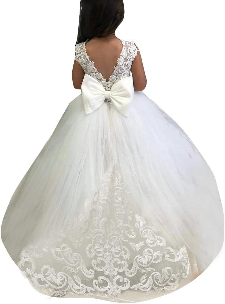 Abaowedding Lace Embroidery Sheer V-Back Sleeveless Kids Trailing Gowns Size 6, White SL