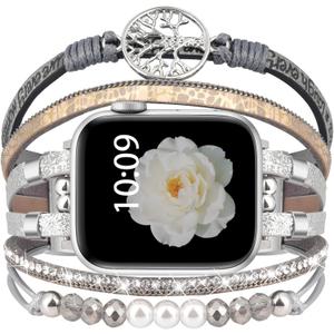 Boho Dressy Bracelet for Apple Watch Band 46mm 40mm 38mm 41mm 44mm 42mm 45mm 49mm Women, Elegant Handmade Beaded Leather Strap Accessories for iWatch Bands SE Series 11 10 9 8 7 6 5 4 3 2 1 (Silver/Tree of Life)