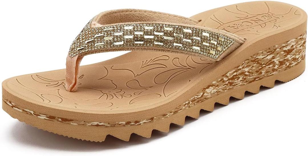 ONCAI Women's Wedge Flip Flops with Rhinestone，Recovery Dressy Walking Sandals for Women with Comfortable Arch Support Cushion Yoga Mat Summer Rubber Soles(US Size 5-11) (Beige)