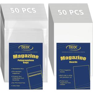 DEDC Magazine Bags and Boards 50 Pack - Heavy Duty 3.5 Mil Resealable Magazine Protector Sleeves with Rigid Acid-Free Backing Boards - Archival Clear Storage for Comics, Magazines & Collectibles