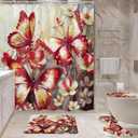 Gothic Burgundy Red Butterfly Floral Bathroom Shower Curtain Set with Rugs, 72"W x 72"L