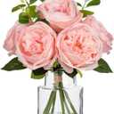 Hollyone Real Touch Peonies Artificial Flowers Arrangements in Vase Pink Fake Peonies with Glass Vase Silk David Austin Roses Faux Flowers with Faux Water Bouquet Table Floral Centerpiece Home Decor