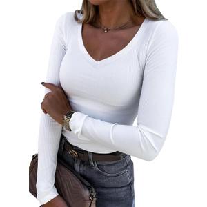 Roselux Womens Long Sleeve V Neck Ribbed Knit Fitted Casual Tops Tee Slim Basic Shirt (Medium, White)