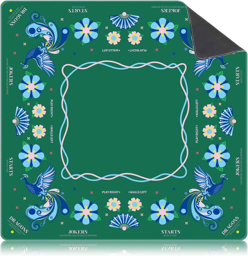 Seenelling Mini Mahjong Mat Green with Rules 22" x 22" Non-Slip Noise Reduction Peacock Mahjong Table Mat Multi Purpose Game Table Cover for Mah-jongg Card Board Poker Dominoes Tile Games