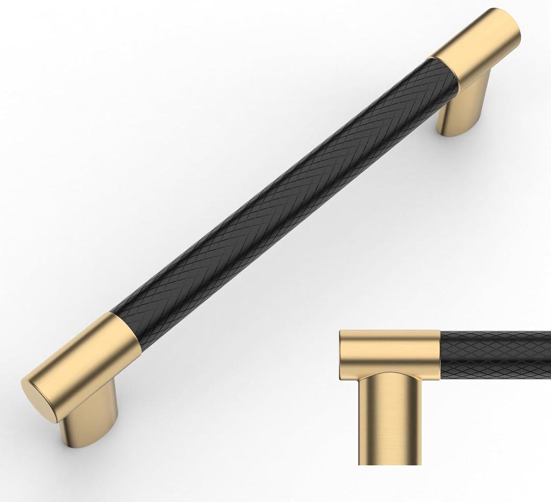 Amerdeco 10 Pack Matte Black and Gold Knurled Cabinet Pulls 4 Inch Hole Center Kitchen Cabinet Handles for Drawer Cupboard and Wardrobe ZH0038