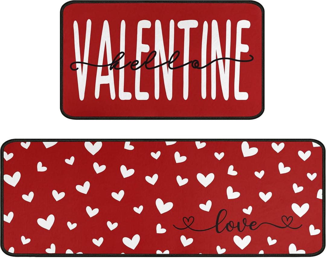 Hello Valentine Kitchen Rugs and Mats for Floor Non-Slip Backing Mat Valentines Day Kitchen Rug Sets with Runner Valentine Decorations Anniversary Wedding Decor for Home Kitchen 17"x47.2"+17"x30"