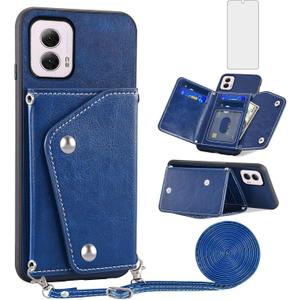 Asuwish Phone Case for Motorola Moto G Power 5G 2024 Wallet Cover with Tempered Glass Screen Protector Credit Card Holder Crossbody Strap Stand Leather Cell Accessories G5 Women Men Girls Slot Blue