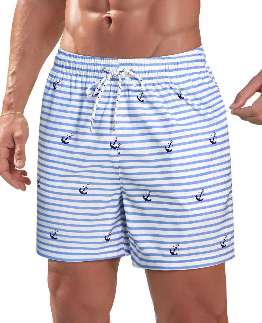 Gleeease Mens 5inch Swim Trunks: Mesh Quick Dry Stretchy Comfort Soft Striped Blue White Drawstring Zipper Pocket Beach Pool (Blue, XXL)