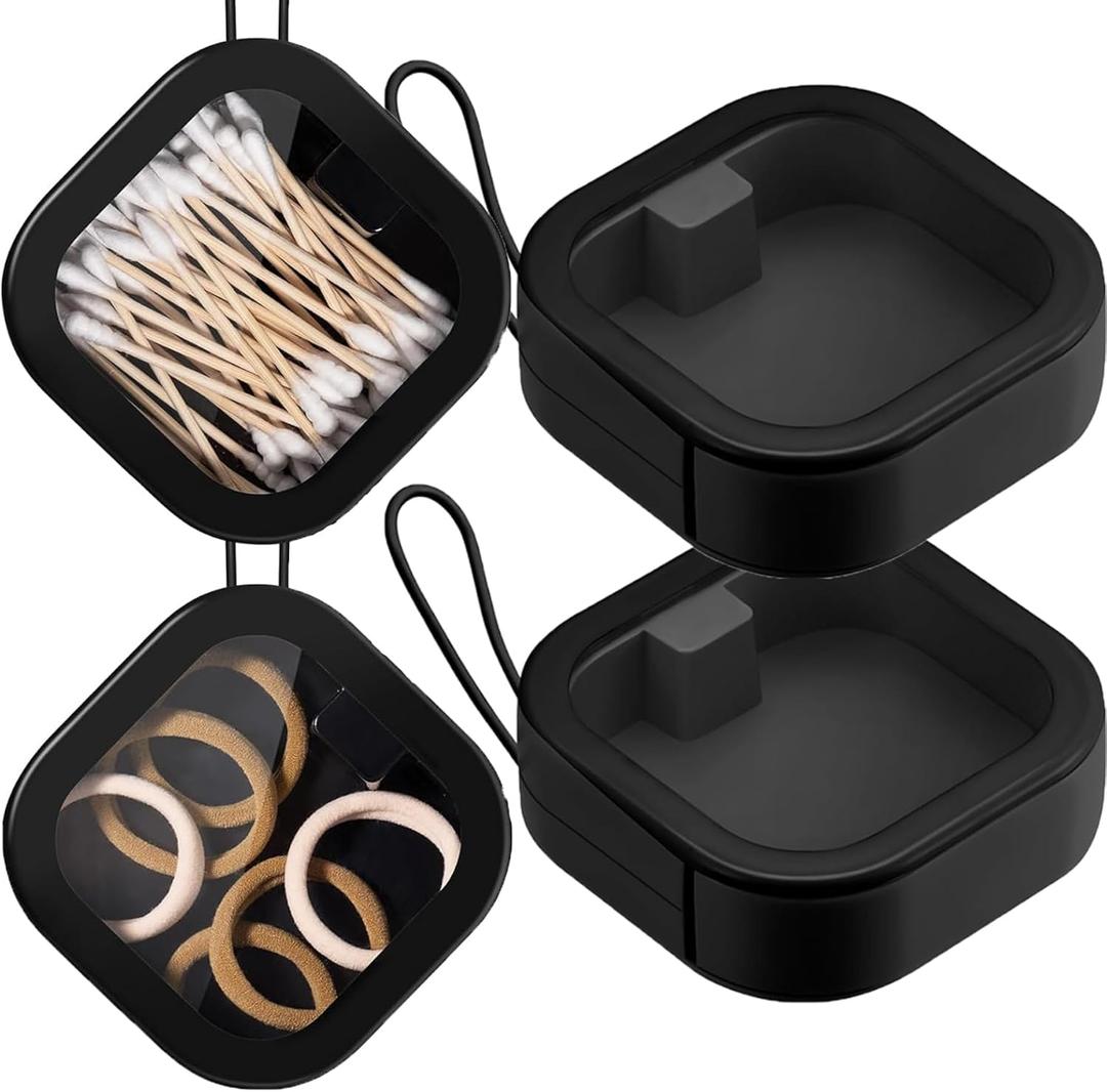 Hair Tie Organizer,Portable Travel Qtip Holder,Bathroom Storage Organizer Qtip Dispenser Cotton Swabs Dispenser Kids Hair Accessory Box with Lid for Bathroom (2PCS,Black)