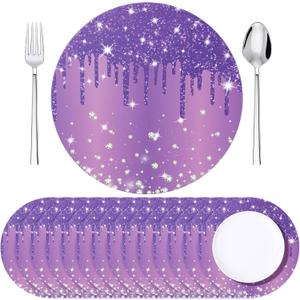 Dispowreath 120 Pieces Purple Placemats 13 Inch Glitter Diamonds Round Disposable Table Mats Decorative Paper Mats for Dining Wedding Birthday Purple Glitter Banquet Party