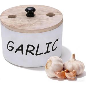 Breathable Garlic Container for Counter, Wooden Garlic Keeper with Vented lid, Large Garlic Storage Holder & Jar to Keep Fresh, White Garlic Jar