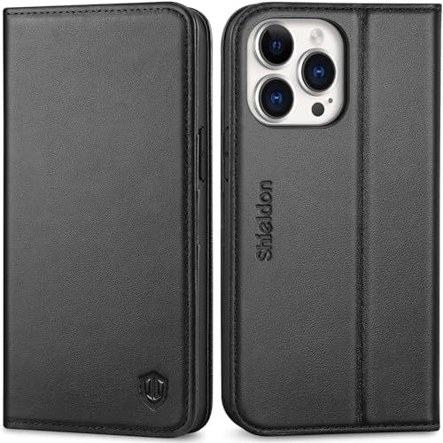 SHIELDON Case for iPhone 14 Pro Max 5G 6.7", Genuine Leather Wallet Flip Cover RFID Blocking Card Slots Magnetic Closure Case Compatible with iPhone 14 Pro Max 2022 - Black