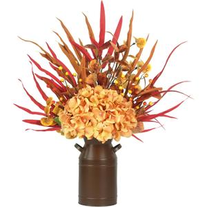 2 x Artificial Fall Flowers with Metal Pot, Orange Silk Fall Leaves Stems with Hydrangea Berry Branches & Eucalyptus for Autumn Thanksgiving Table Centerpiece Decor (Red and Orange)