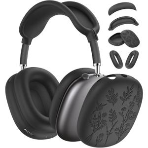 [4 in 1] Flower Engraved Silicone Case Cover for AirPods Max USB-C (2024), Anti-Scratch Sweat-Proof Ear Pad Case Cover/Ear Cups Cover/Headband Cover Accessories for AirPods Max Headphones (Black)