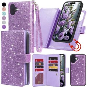 Varikke for iPhone 16 Wallet Case Detachable with RFID Blocking Card Holder for Women, Glitter PU Leather Wrist Strap Strong Magnetic Flip Wallet Removable Phone Case for iPhone 16 6.1", Light Purple