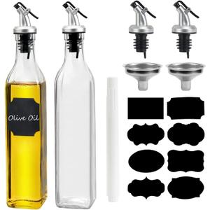 WERTIOO Olive Oil Dispenser Bottle, 2 Pack 17oz Oil and Vinegar Dispenser Set Clear Oil Bottles Container for Kitchen with 4 Spout, Funnel & Pen and Labels