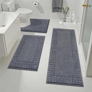 Pauwer Bathroom Rugs Sets 3 Piece Bathroom Shower Rugs with U-Shaped Contour Toilet Mat Absorbent Microfiber Plush Bath Mats Non Slip Bath Rugs Machine Washable Shaggy Bath Mat Set, Dark Grey (18"x26"+18"x48"+U Shape 20"x24")