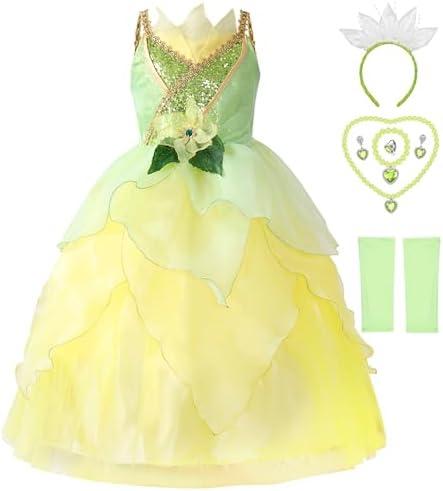 Axaxa Princess Tiana Costume for Girls - Princess and the Frog Dress With Accessories 3-11 Years Size: 100cm